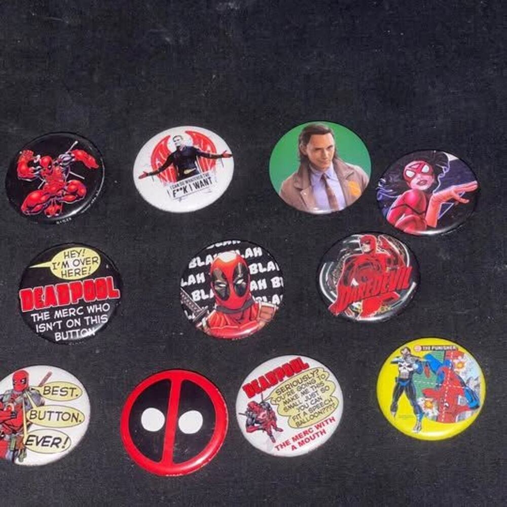 MARVEL Lot Buttons Pins DEADPOOL, LOKI, PUNISHER + MORE